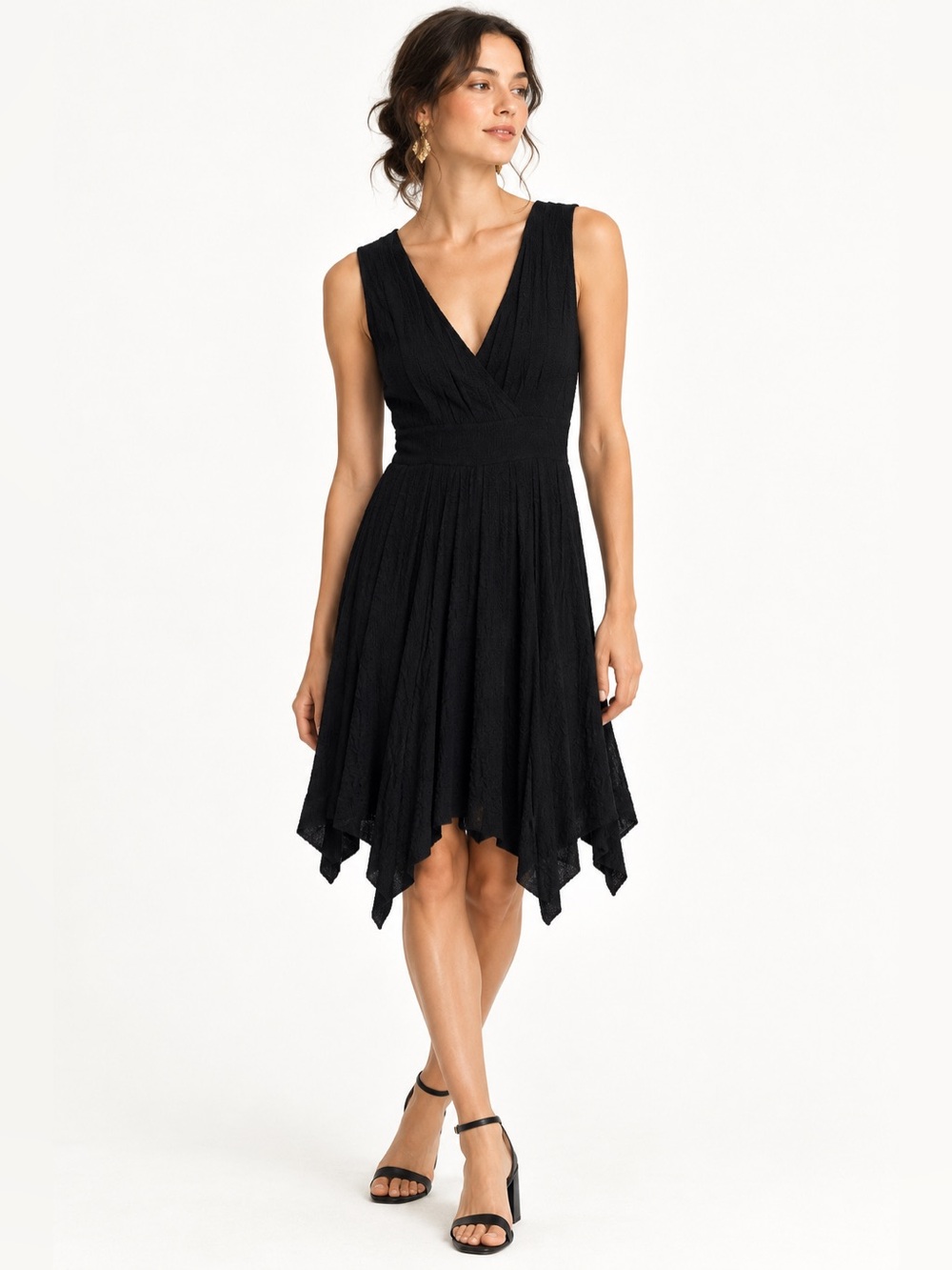 Boston Proper Black Sleeveless V-Neck Midi Dress handkerchief hem L empire waist